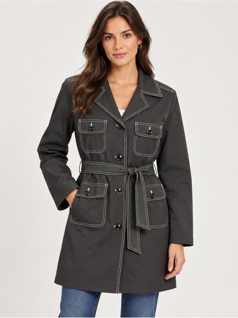 J.Crew Black Contrast-Stitch Belted Utility Trench Coat – Women’s Size 6